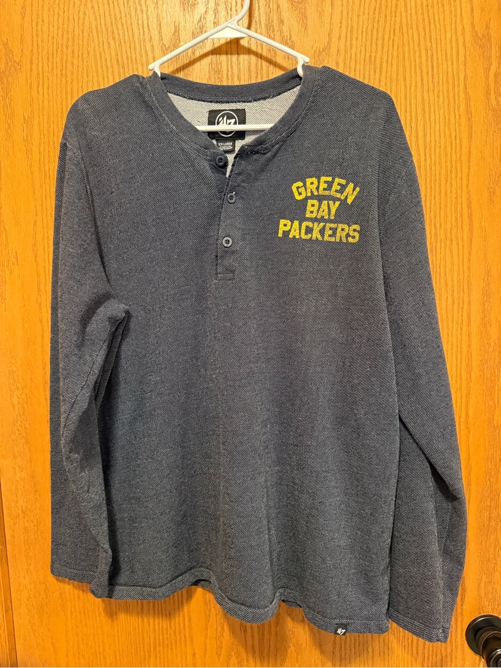 47 Brand Green Bay Packers Navy Long Sleeve Henley Shirt with Yellow Logo